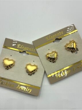 Vintage Gold Tone Heart Clip On Earrings Lot of 2 Pairs NOS Matte & Shiny